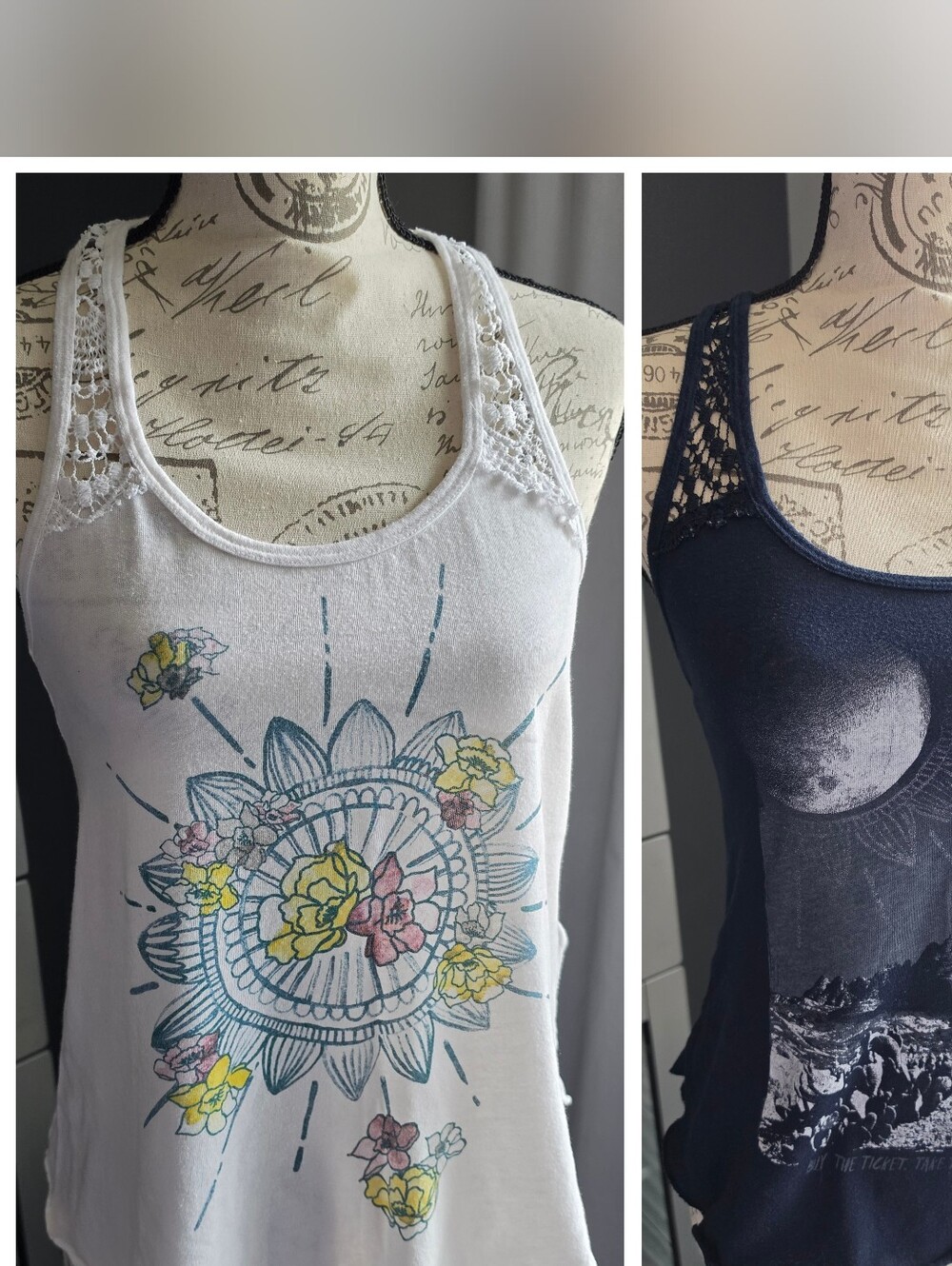 Hollister - 2 Pack - White Floral Crochet-Trim Tank & Navy Moon Graphic Tank